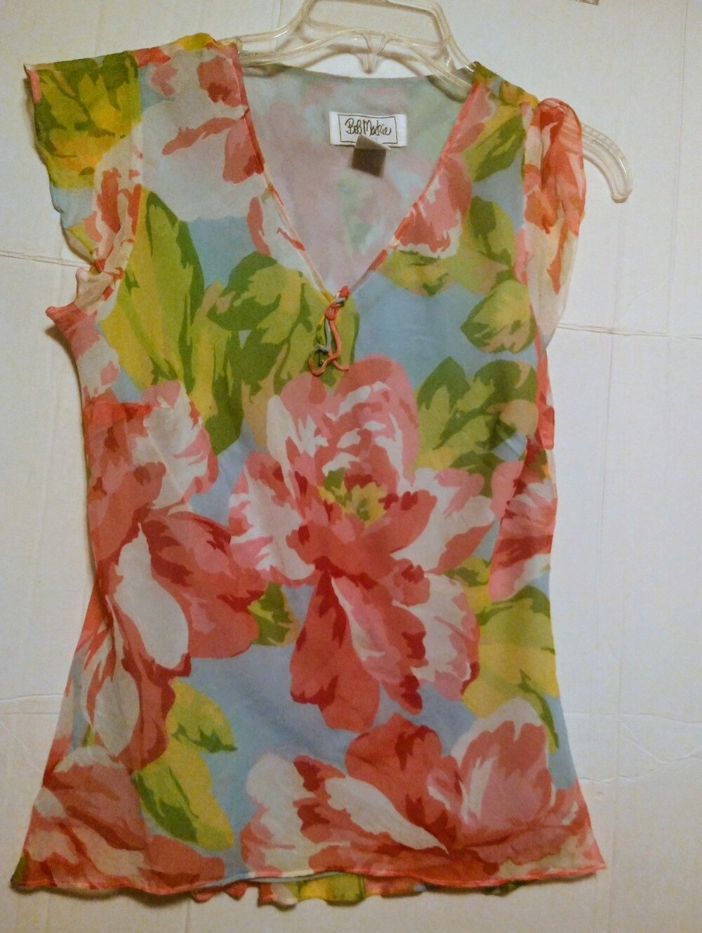 Bob Mackie Pure Silk Pastel Floral Cap Sleeve V-Neck lined Top